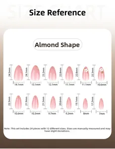 Tableau des tailles pour faux ongles amande avec fleurs 3D dorées et design floral blanc