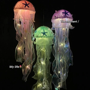 DIY handmade jellyfish hanging LED lamps with soft tulle and pearls in three colors