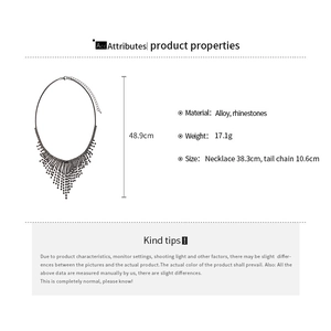 Detail view of gothic style black rhinestone tassel necklace with size and weight info