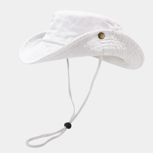 Detail of white cotton sun hat with adjustable drawstring and side snap buttons