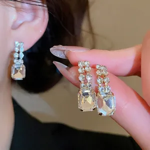 Elegant square-cut crystal pendant earrings with sparkling zircon inlay for women