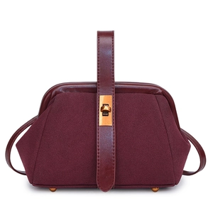 Detailed close-up of burgundy suede tote with gold buckle and smooth leather trim