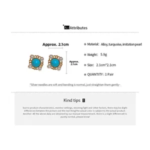 Detail of vintage gold earrings with turquoise beads, faux pearls and size dimensions
