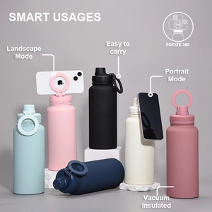 Vacuum insulated water bottle with 360-degree rotating magnetic phone holder cap