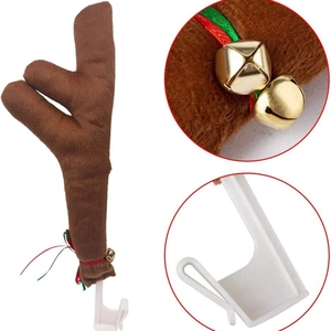 Brown plush reindeer antlers for car with gold bells and green ribbon decoration
