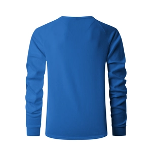 Detailed back view of royal blue waffle knit texture on long sleeve Henley shirt