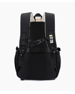 Ergonomic back view of black waterproof backpack featuring S-shaped padded shoulder straps