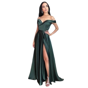 Elegant dark green satin off-shoulder evening dress with high slit and V-neckline