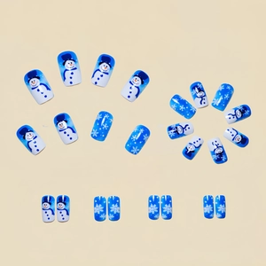 24pcs Christmas blue gradient press-on nails with snowman and snowflake patterns