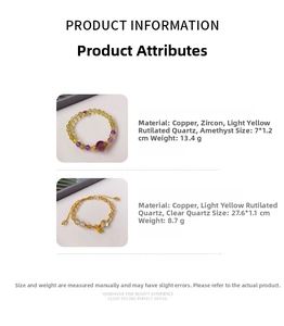 Detail view of amethyst and rutilated quartz beaded bracelets with size and weight specs