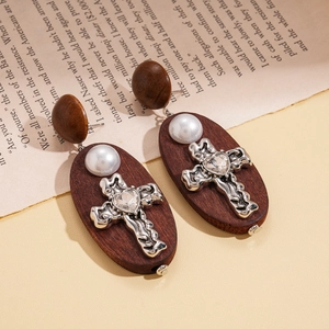 Vintage wooden cross earrings with oval pendants and diamond heart accents