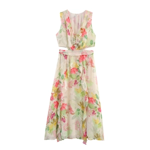 Robe Longue Maxi Imprimé Floral pour Femme Sans Manches Col en V Ourlet à Volants Été Décontracté Plage