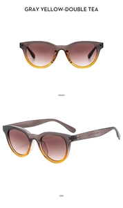 Detailed front and side views of gray-yellow frame sunglasses with gradient tea lenses