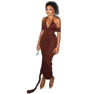 Coffee brown halter neck bodycon maxi dress with front woven detail and ruched fabric