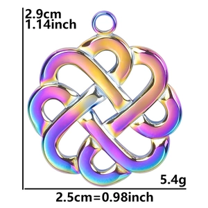 Macro shot of rainbow gradient stainless steel witch knot pendant with size dimensions