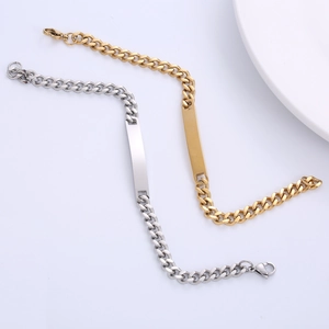 Minimalist stainless steel blank bar bracelets in gold and silver finishes on white background