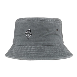 Detail of mushroom embroidery on dark grey washed cotton vintage outdoor bucket hat
