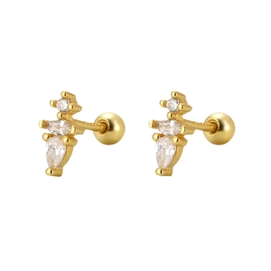 Elegant gold S925 silver stud earrings featuring teardrop crystals and screw-back closure