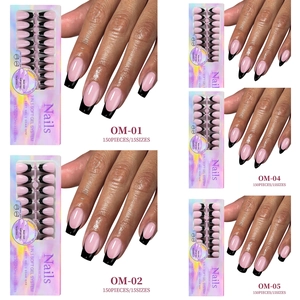 Black French tip press-on nails set with 150 pieces in 15 sizes and 3-in-1 soft gel system