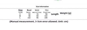 Size guide table for high slit camisole dress showing bust, waist, and hip measurements