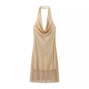 Vestito Mini Sexy Halter Strass Scintillante Maglia Metallica Scollo A Cappuccio Schiena Scoperta Vestibilità Aderente Festa Donne Oro