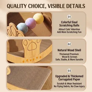 Boat-shaped wooden cat scratcher with sisal balls and high-density corrugated board
