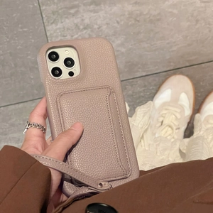 Pink litchi texture leather case for iPhone with card slot and functional wrist strap