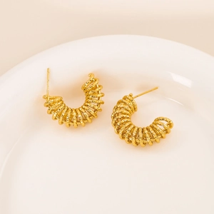 Minimalist 18K gold plated stainless steel C-shaped earrings with spiral twisted texture
