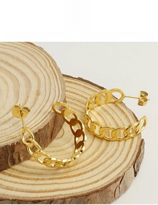 Detail of 18K gold plated hypoallergenic chain link earrings on a wooden display