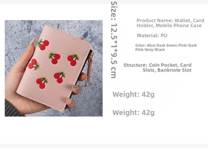 Pink PU leather mini wallet with cherry embroidery showing dimensions 12.5x1x9.5cm