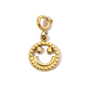Detailed view of a gold-plated smiley face pendant with a secure spring clasp design