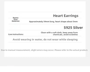 Detailed size parameters and care instructions for S925 sterling silver heart tassel earrings