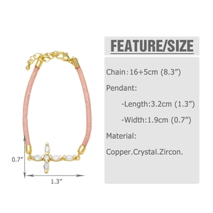Detalle de la pulsera cruzada de malla rosa con medidas y detalles de circonita
