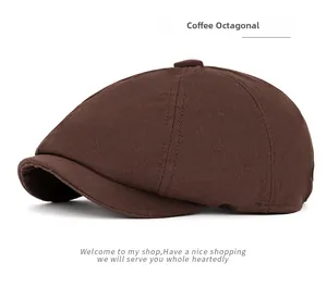 Close-up of coffee brown octagonal newsboy hat in premium cotton twill fabric