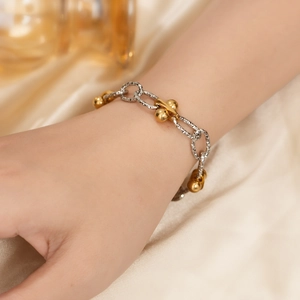 Two-Tone Stainless Steel Bracelet For Women 18K Gold Plated Mixed Chain With Beads Fashion Ins Style Jewelry Accessory