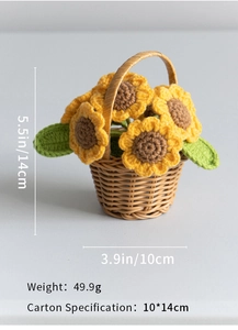 Detail view of handmade crochet sunflower in basket with precise size and weight specs