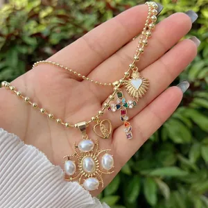 18K gold plated multi-pendant necklace with religious cross and virgin mary heart charms