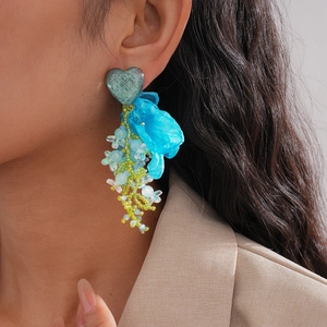 French vintage chiffon flower earrings with green resin heart and blue tassel beads