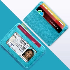 Close-up of bright blue PU leather card holder with litchi texture and card slots