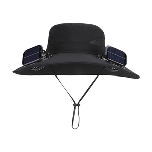 Black wide brim solar fan fishing hat with dual cooling fans and breathable mesh for sun protection