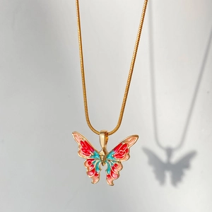 Sweet Alloy Enamel Butterfly Pendant Necklace Colorful Snake Chain Clavicle Necklaces Gift For Women Teens Girls Fashion Jewelry