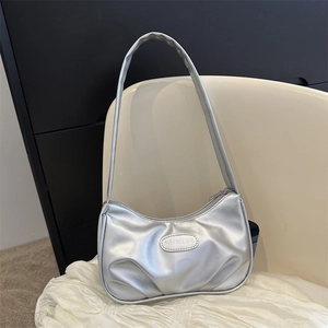 Women Shoulder Bag PU Leather Pleated Design Underarm Crescent Hobo Style Solid Color Zipper Urban Fashion For Lady