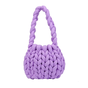 Handmade purple chunky knit handbag crafted with premium thick wool yarn for a soft texture
