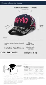 Detailed size chart for cotton baseball cap showing 56-60cm circumference and peak dimensions