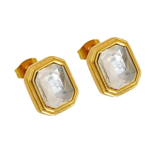 Fashionable gold rectangular stainless steel earrings with zircon stone on white background