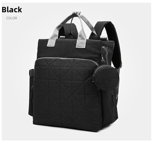 Detail of black quilted diaper backpack featuring silver straps and a small round pouch