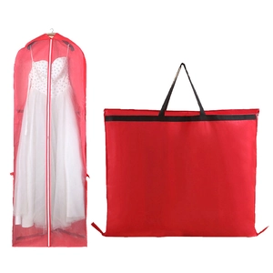 Red non-woven wedding dress dust cover and foldable storage bag with handles