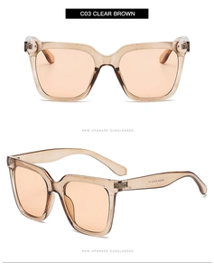 Macro view of C03 Clear Brown square frame sunglasses showing size specs and color