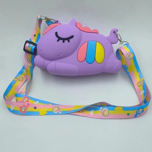 Purple unicorn silicone pop purse for girls with a colorful adjustable rainbow strap