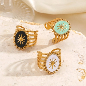 Retro Starburst Oval Enamel Stainless Steel Ring Vintage Sunburst Pattern Open Adjustable Jewelry For Women Boho